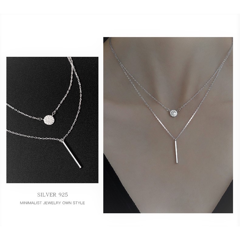 Dây chuyền bạc nữ cao cấp dạng 2 sợi lồng nhau, mặt thanh tròn và thanh đinh