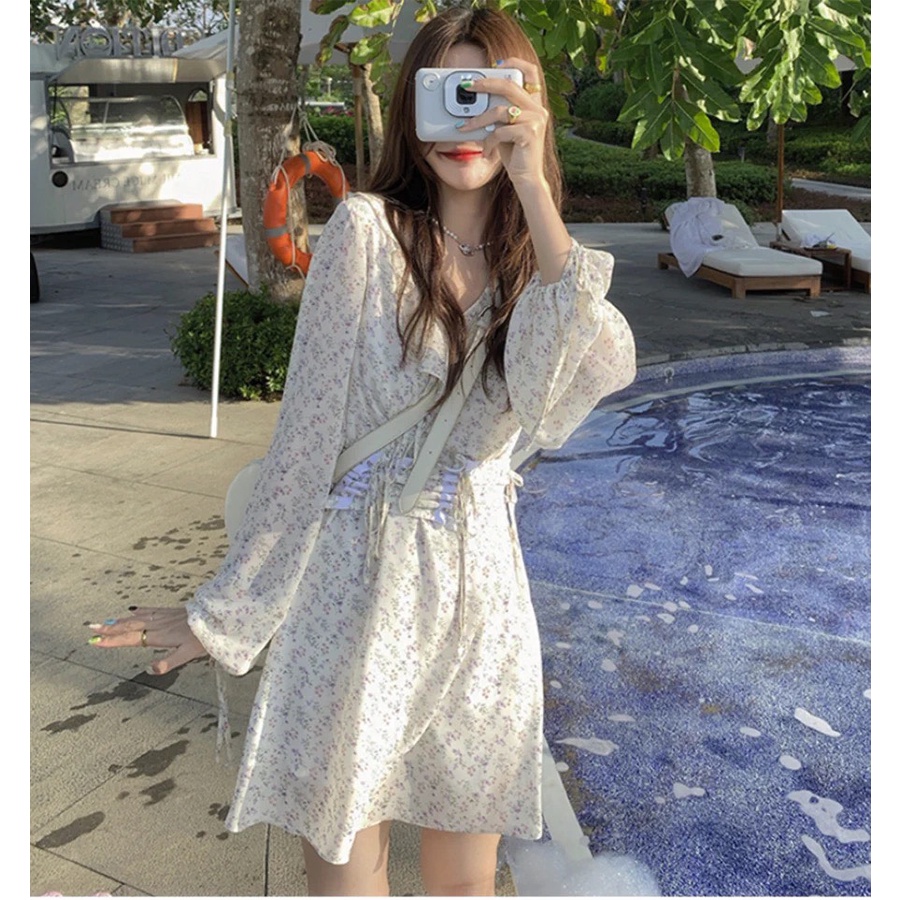 Đầm hoa nhí dài tay tiểu thư kèm đai rút eo vintage kèm đai corset siêu xinh phong cách hàn quốc Kozoda D37
