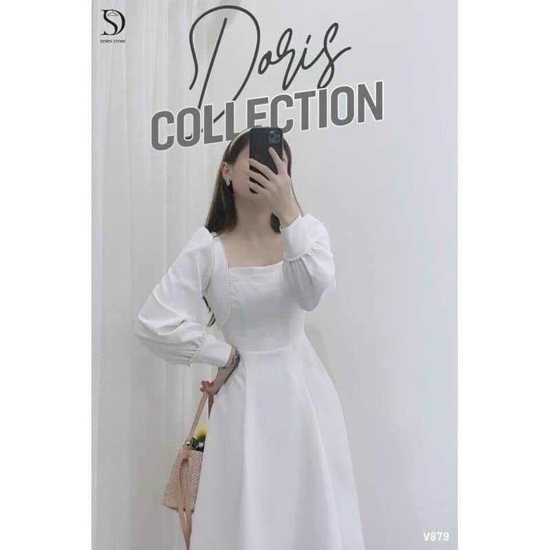 Đầm Thiết kế trắng dài tay - Váy trắng Thiết kế dài tay ren hạt cổ vuông Ulzzang (hình thật/ sẵn)