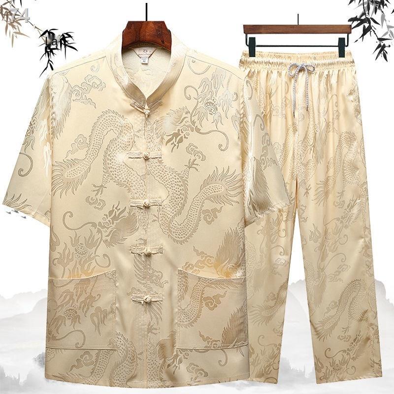 Summer ice silk Tang suit nam ngắn- Áo sơ mi lụa tay phù hợp với người trung niên và cao tuổi Người cha Trung Quốc ăn mặ