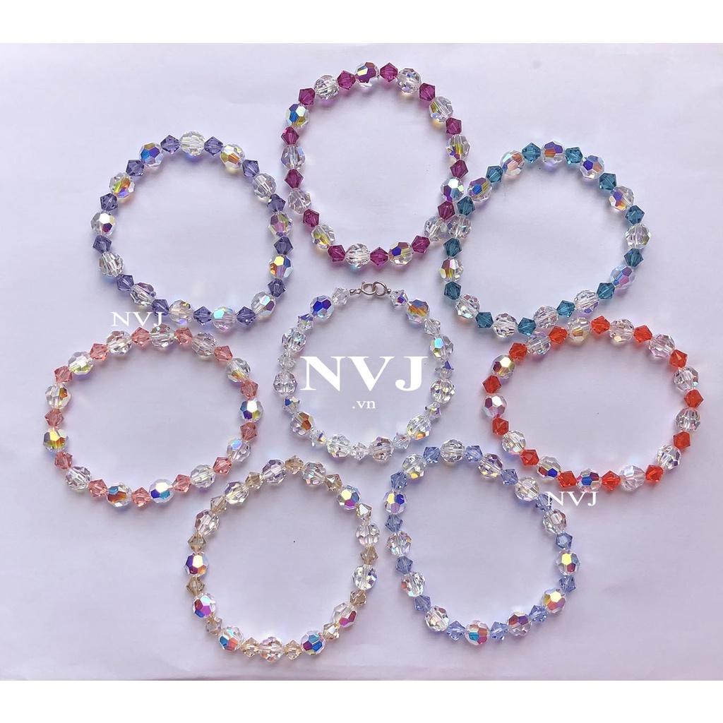 Pha lê Áo Swarovski cao cấp chính hãng - Vòng tay hạt tròn 8ly & nón 6ly nhiều màu tùy chọn, khóa tròn bạc 925