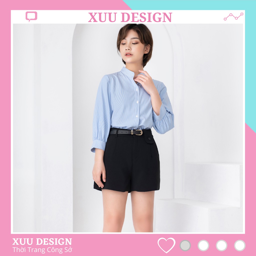 Áo Sơ Mi Nữ kẻ xanh tay bồng cổ tàu Xuu Design 💖 - Ảnh Thật💖 Sơ mi kiểu [ SMK11 kẻ xanh]