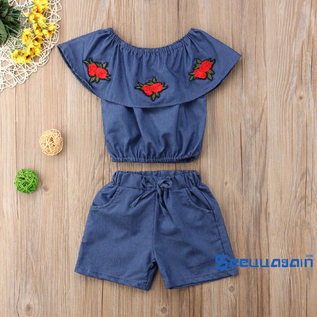 Set Áo 2 Dây Thêu Hoa Hồng+Quần Jeans Dài Cho Bé Gái (1-6 Tuổi)