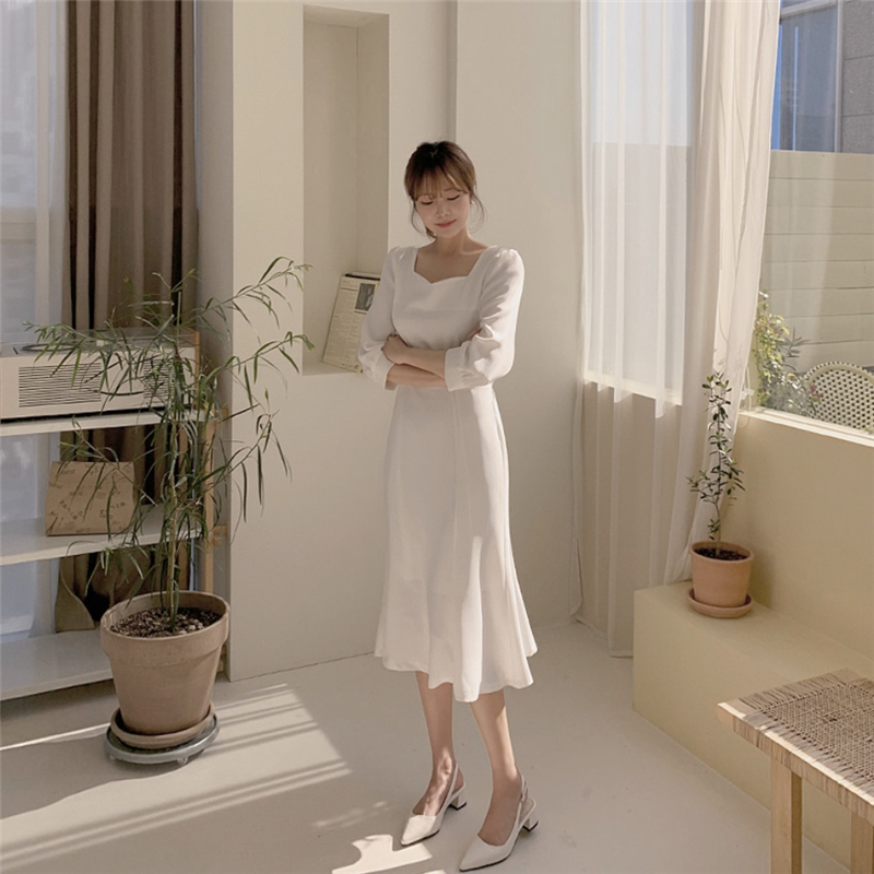 Đầm Midi Tay Dài Cổ Vuông Màu Trơn Thời Trang Thanh Lịch 34617