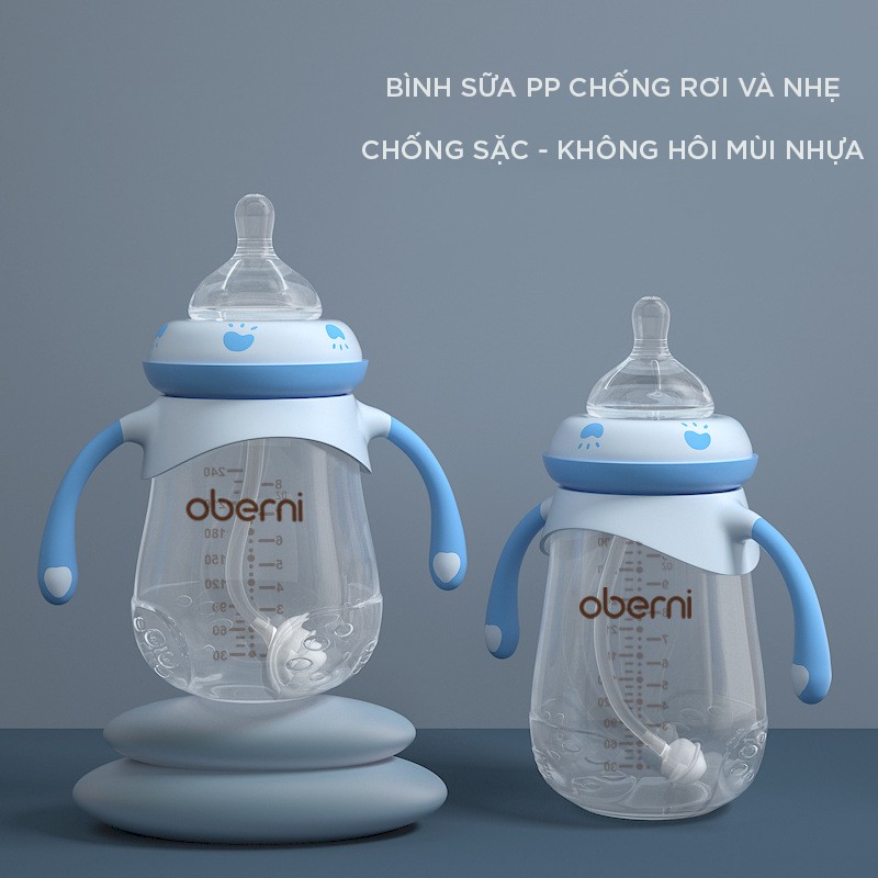 Bình sữa chống sặc oberni cổ rộng có tay cầm tiện dụng cao cấp an toàn cho bé 240ml DS06