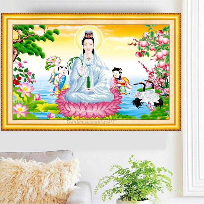 Tranh thêu phật bà quan âm KT:59x40cm,tranh chưa thêu.Tặng kéo và xỏ chỉ.