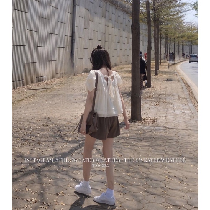 Set áo babydoll nơ sau be sữa mix quần nâu ulzzang