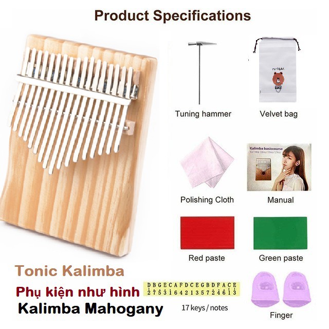 Đàn kalimba Tonic 17 phím giá rẻ gỗ thông Canada âm vang không tịt nốt phụ kiện như hình TONIC-M202185