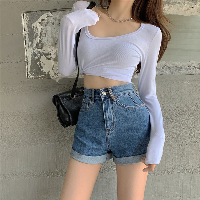 Quần Đùi Denim Lưng Cao Thời Trang Dành Cho Nữ