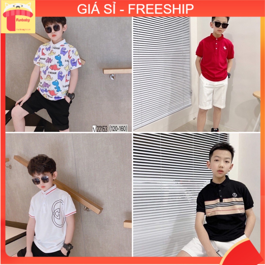 Áo Polo bé trai 5-12 tuổi cộc tay họa tiết in logo và kẻ, Áo cổ trụ cho bé vải lacoste thoáng mát khỏe khoắn thời trang