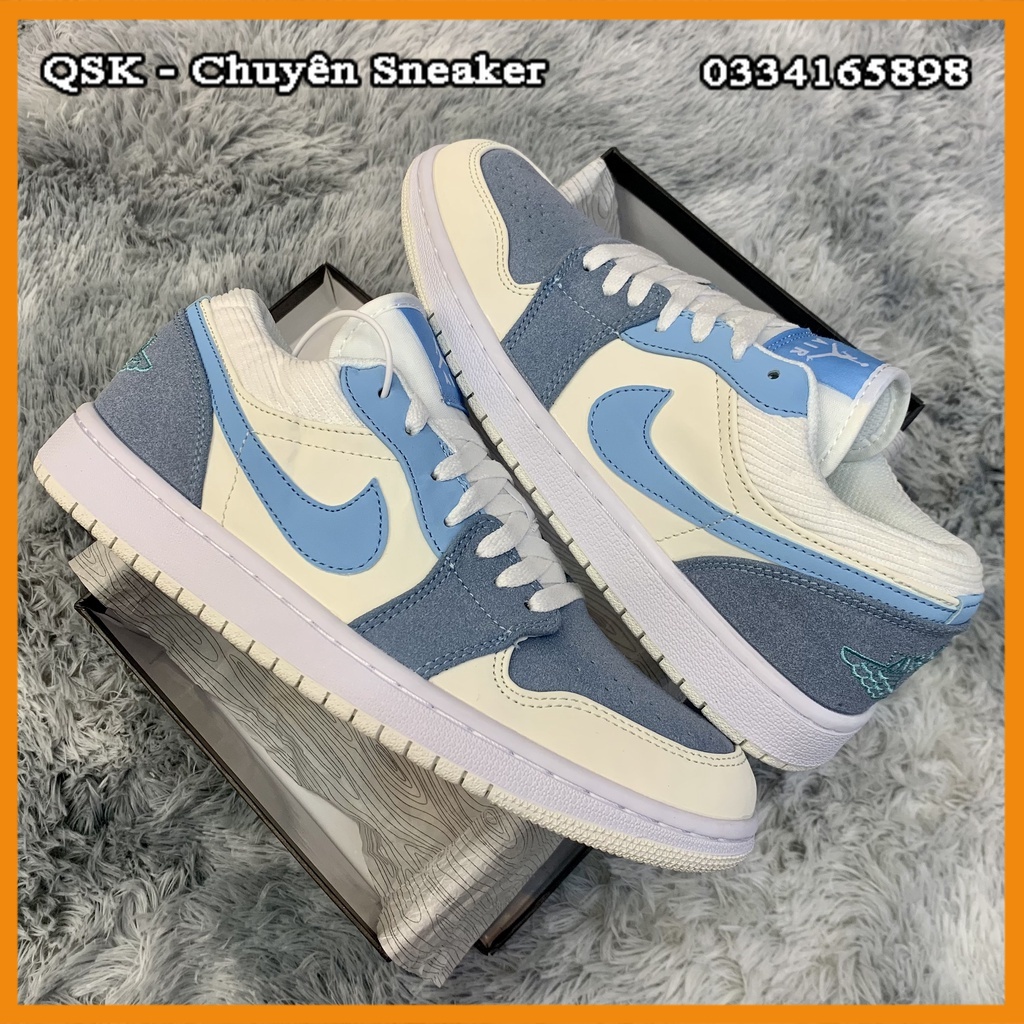 Giày Jordan 1 Low Xanh Kem Fullbox, Giày thể thao jordan 1 cổ thấp xanh trắng mũi da lộn mới cực đẹp