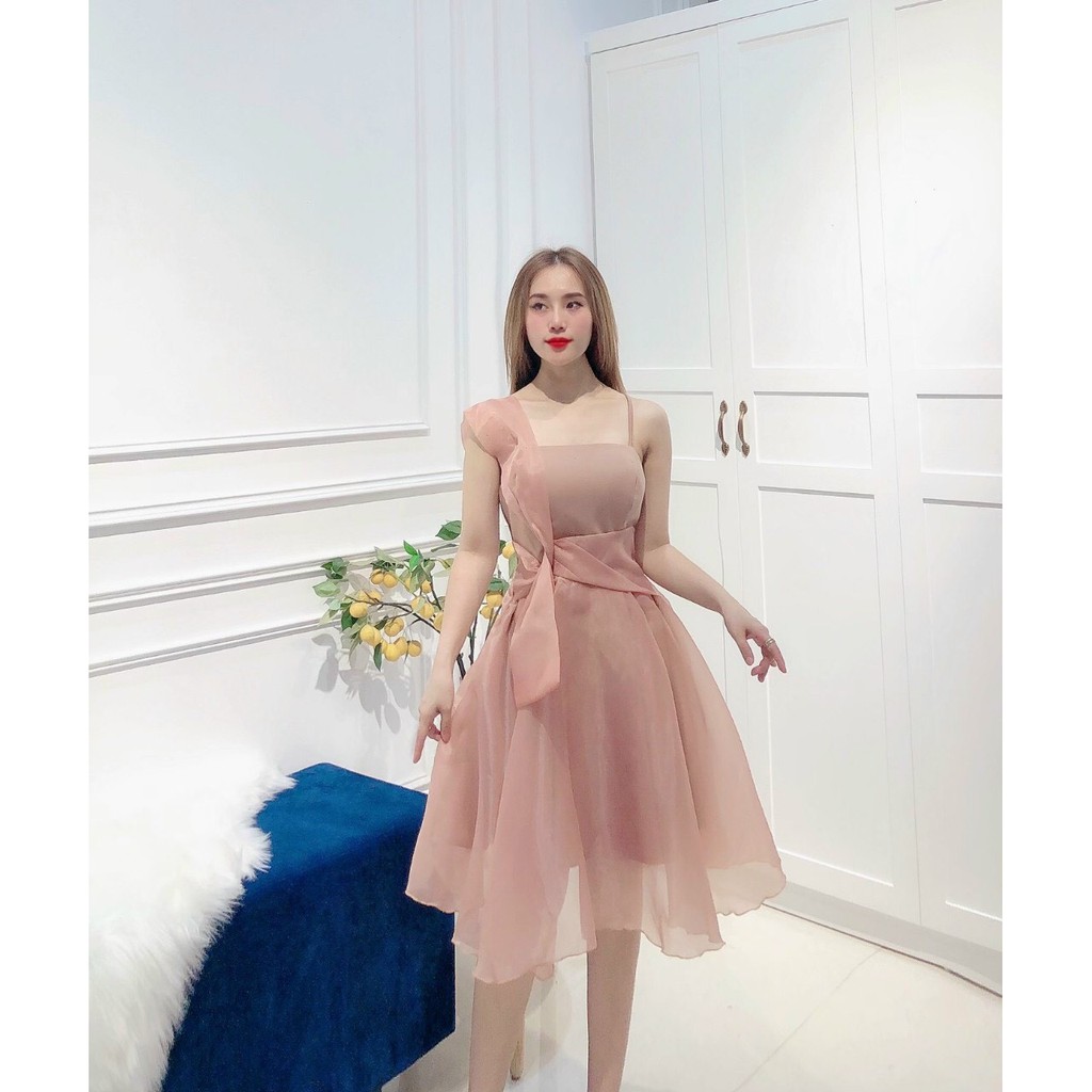 Đầm công chúa cute dễ thương nơ eo chất umi phối voan kính xinh xỉu. Váy trắng xòe 2 dây Habi Fashion