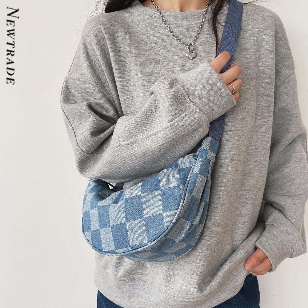 Denim Plaid Contrasting Colors Women Messenger Sling Crossbody Chest Bag