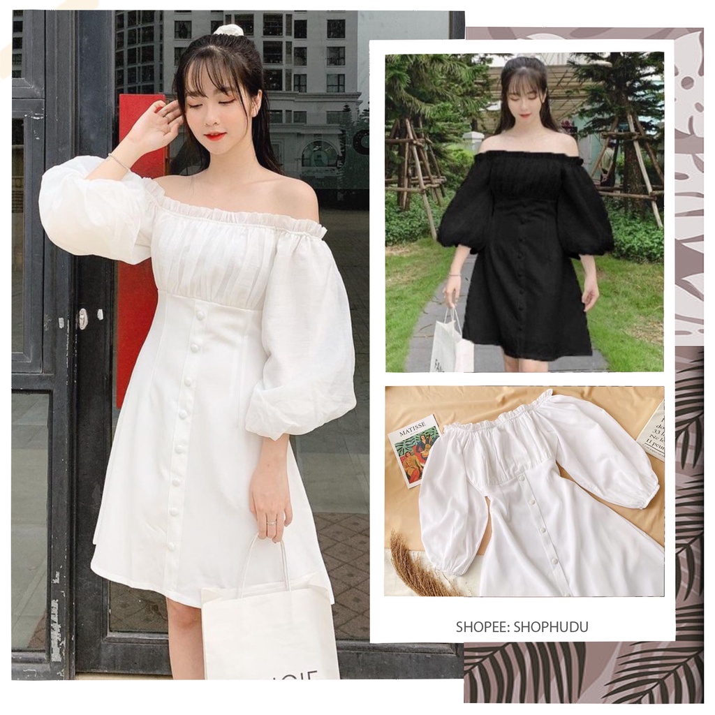 V010 Váy trắng trễ vai nhúm ngực viền bèo tay phồng tiểu thư công chúa và đầm hở vai tay chun bồng cổ vuông cute