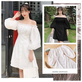 V010 Váy trắng trễ vai nhúm ngực viền bèo tay phồng tiểu thư công chúa và đầm hở vai tay chun bồng cổ vuông  cute