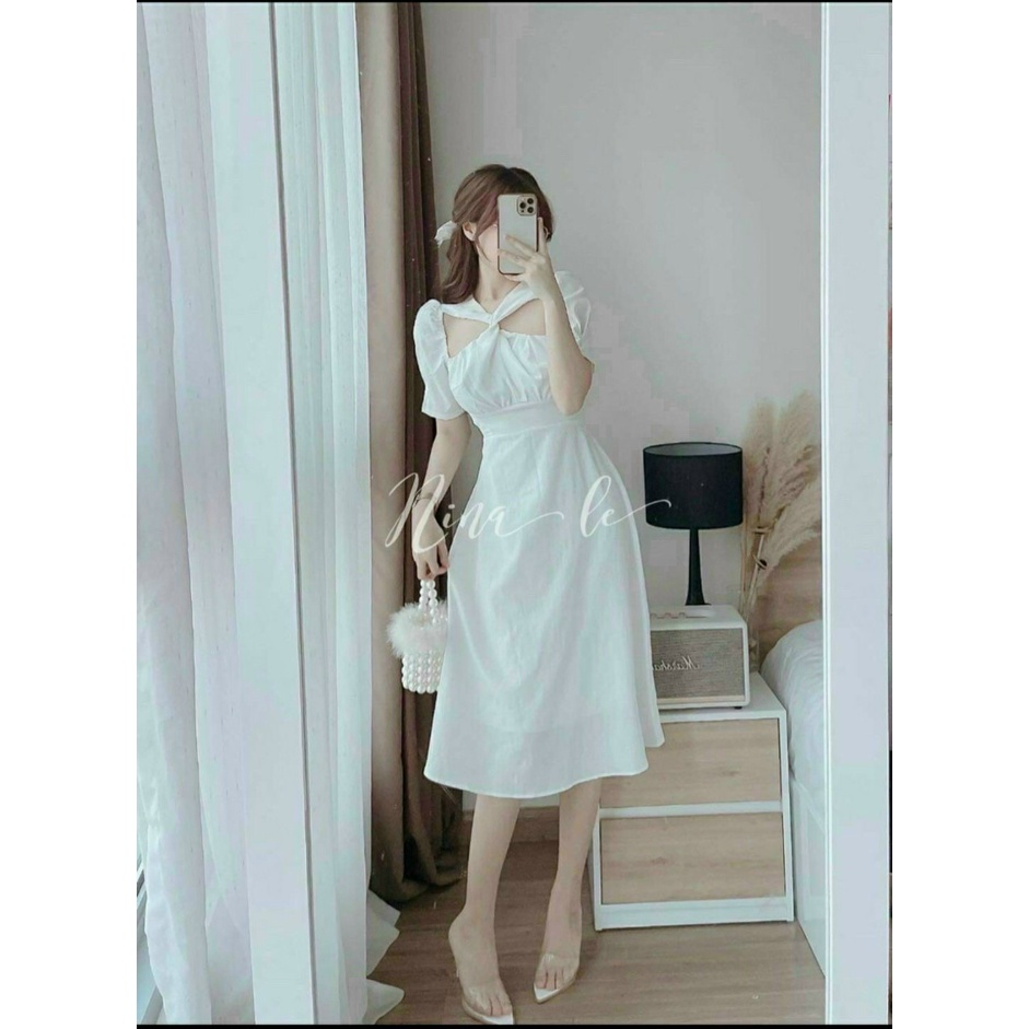 Đầm chụp kỉ yếu màu trắng xoắn chéo ngực tay lỡ dáng chữ A có sẵn mút
