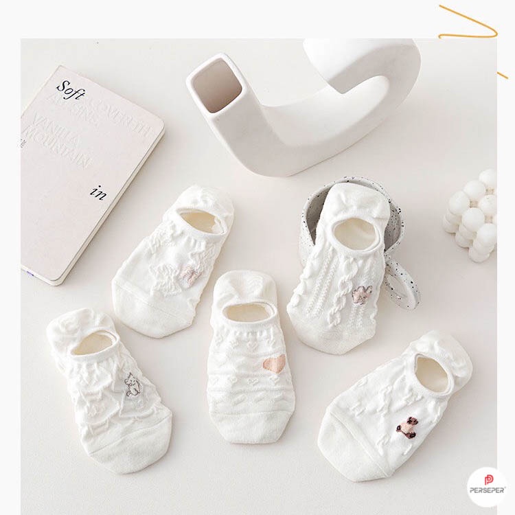 Tất cổ ngắn nữ họa tiết gấu chất vải Hàn co giãn, set 5 đôi tất vớ nữ cực xinh - Cherry shop