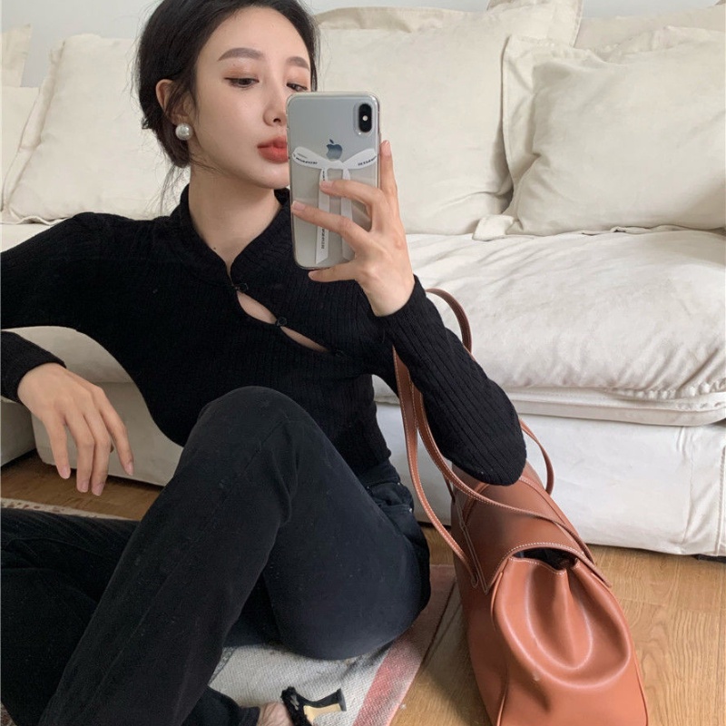 Áo sweater COZOKC dệt kim tay dài cổ đứng dáng ôm gợi cảm thời trang cho nữ