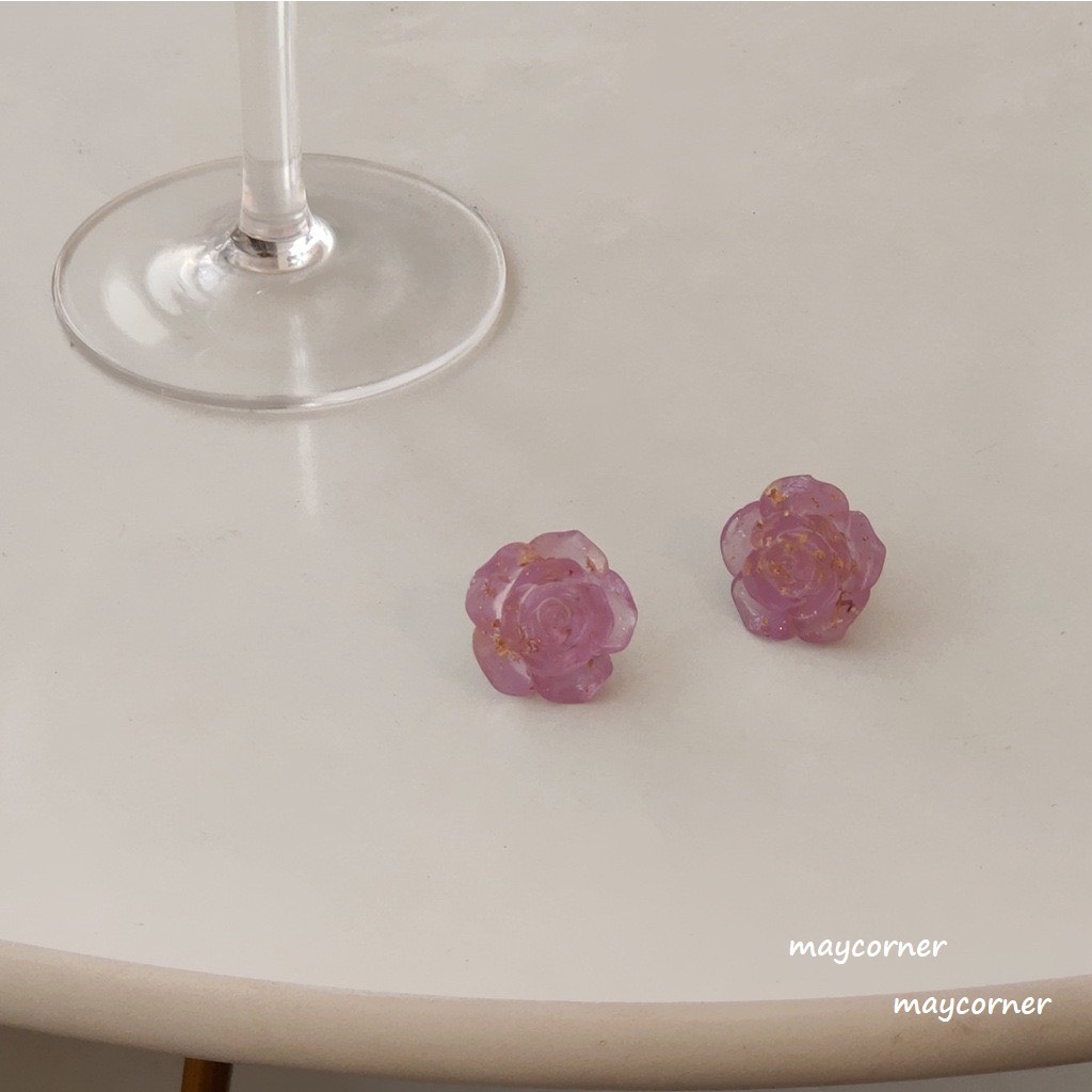 Khuyên tai hoa hồng tím trong kim tuyến Chốt mạ bạc 925 ao cấp B361