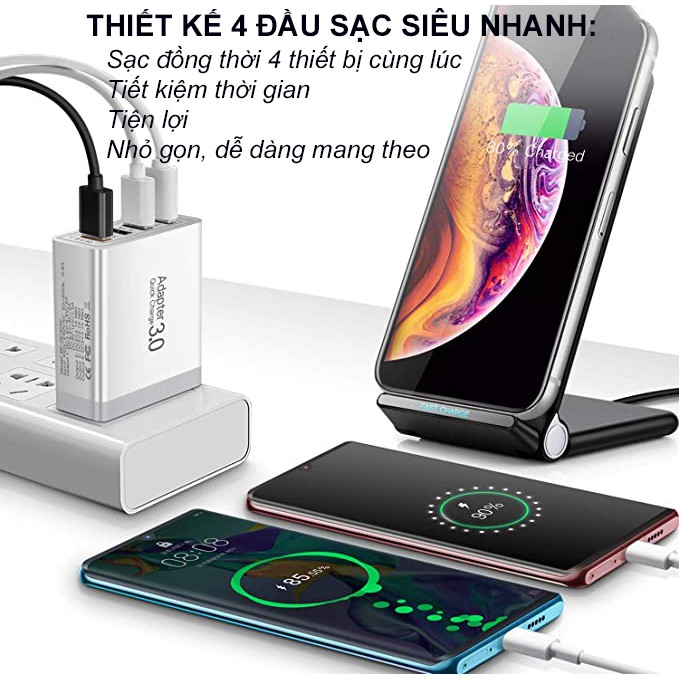 Củ Sạc Nhanh 4 Cổng USB, 5V3A - Ổ Sạc Đa Năng Cho Điện Thoại Iphone Samsung