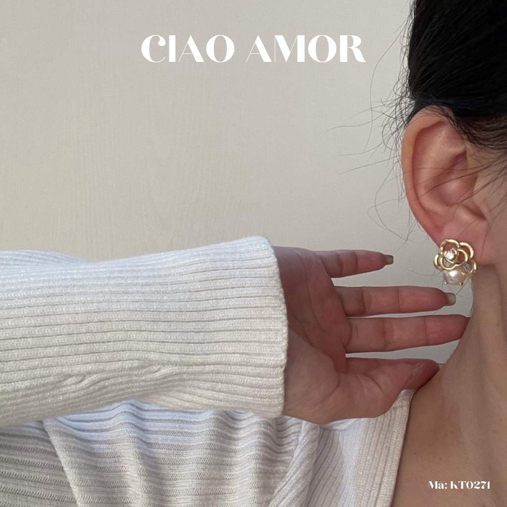 KT0271-Khuyên tai nữ, Bông tai tròn bạc 925 hoa đính ngọc trắng dưới Trang sức Ciao Amor