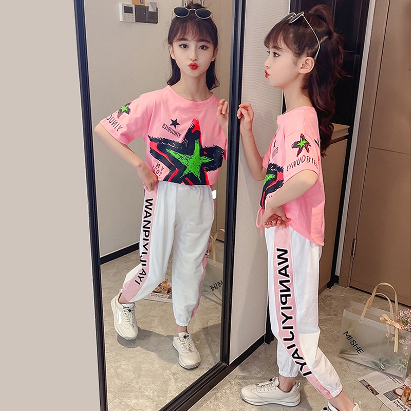 Bộ Đồ Hai Mảnh Áo Cotton Tay Ngắn Và Quần Dài In Họa Tiết Thời Trang Phong Cách Phương Tây Dành Cho Bé Gái 95-155cm