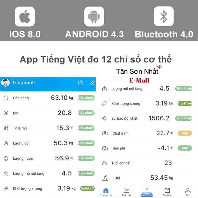 Cân điện tử sức khỏe kết nối Bluetooth Đo Mỡ Máu, Lượng Cơ, Tỉ Lệ Mỡ Cơ Thể Kết Nối App Điện Thoại