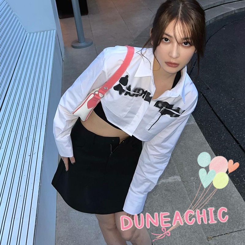 DUNEA Áo sơ mi croptop tay dài cổ bẻ in họa tiết thời trang cho nữ