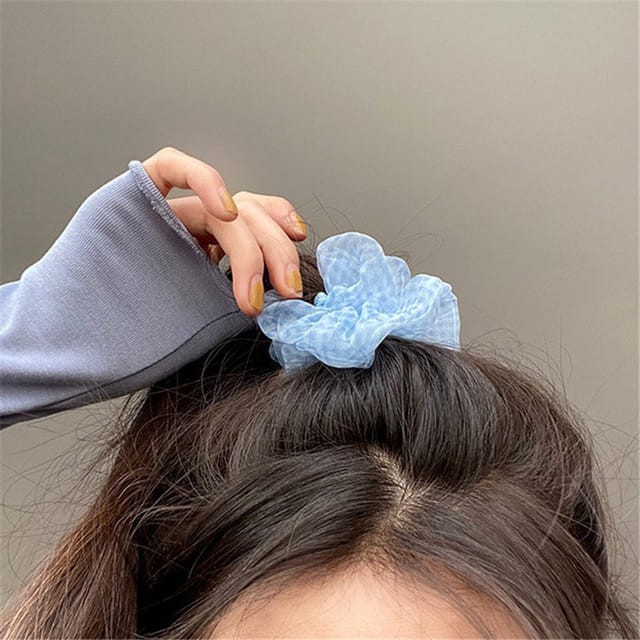 Buộc tóc vải lưới ca rô Trong Suốt Phong Cách Hàn Quốc