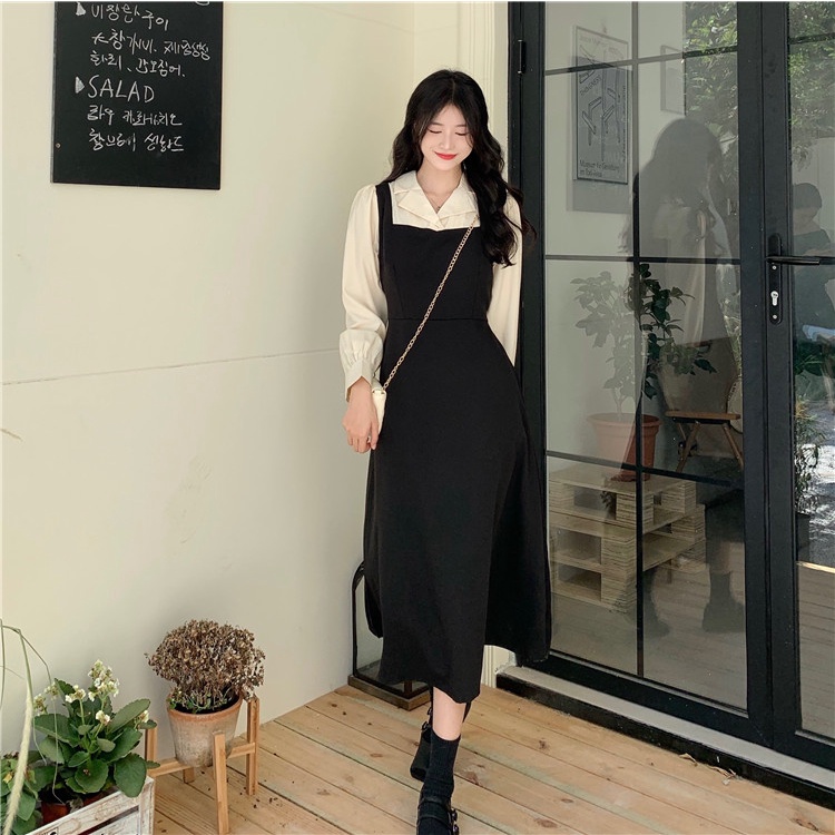 Đầm Chữ A Tay Dài Màu Sắc Tương Phản Phong Cách Hàn Quốc Dành Cho Nữ