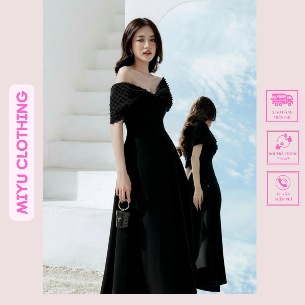 Váy trễ vai dự tiệc cưới dáng dài xòe sang trọng đầm dự tiệc gợi cảm sang chảnh chất liệu cotton Miyuclothing