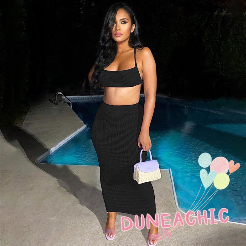 DUNEA Set đồ gồm áo tank top dệt kim + chân váy màu trơn thiết kế ôm sát tôn dáng