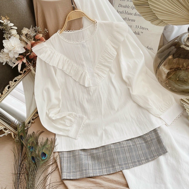 Áo trắng❤️Hình thật❤️Set áo trắng dài tay + chân váy caro