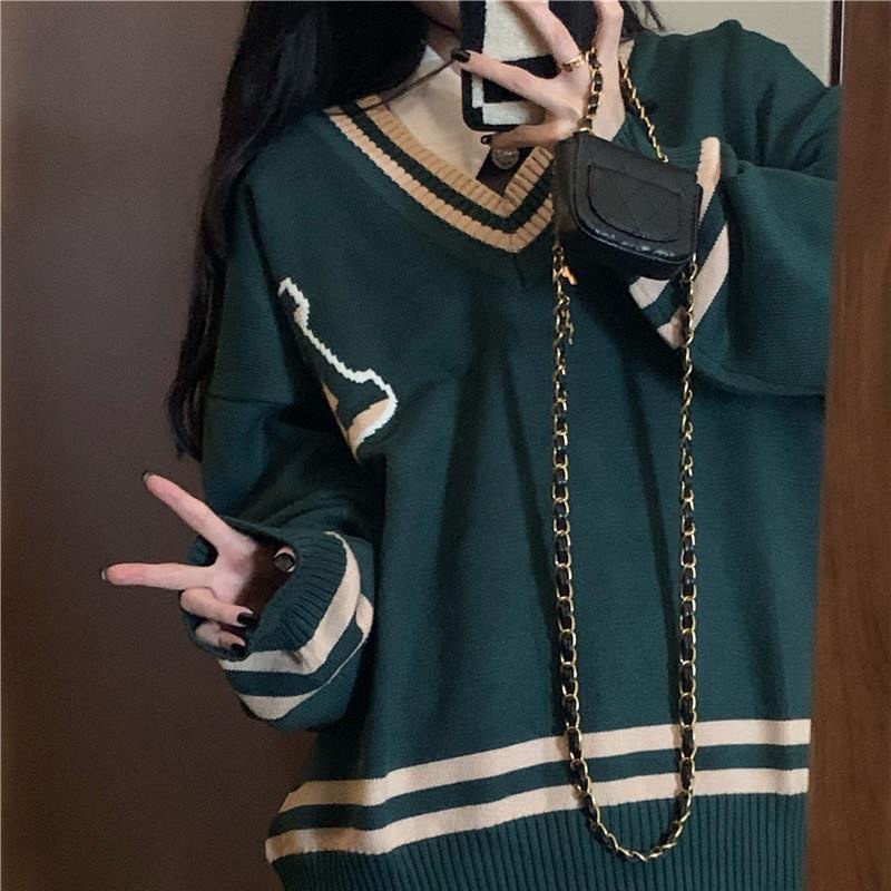 Áo sweater tay dài dáng rộng màu sắc tương phản phong cách Hàn Quốc thời trang 2021 dành cho nữ | BigBuy360 - bigbuy360.vn