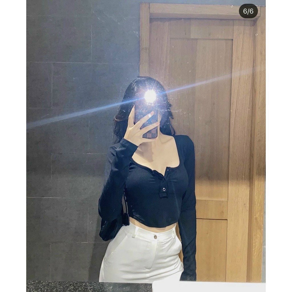 áo croptop ảnh thật tay dài vạt bầu chất bozip nút bấm na