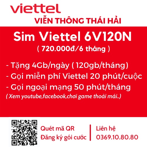 [ FREE 6T ] Sim 4G Viettel V120N Miễn Phí 6 Tháng Tặng 120GB/Tháng – vienthongthaihai