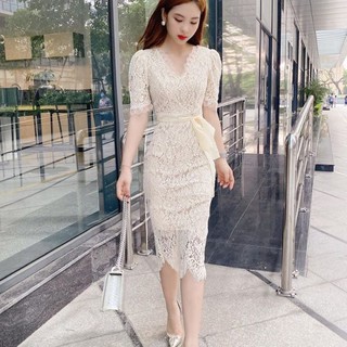 Váy đầm body ren dự tiệc cổ chữ V - Màu kem thanh lịch ( Váy 2 lớp)