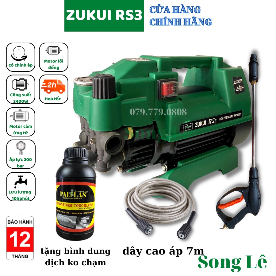 Zukui RS3 Máy rửa xe gia đình, công suất mạnh 2400W có thể chỉnh áp, áp lực cao, máy xịt rửa ống bơm nước 15m vòi áp lực