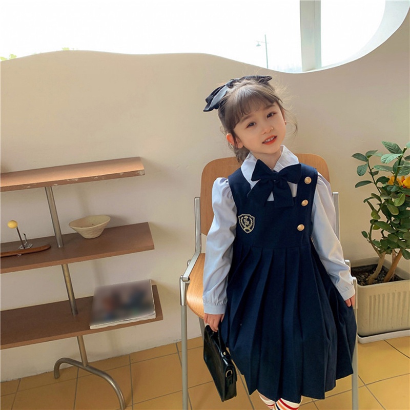 Đầm Công Chúa Tay Dài Giả Hai Lớp Phong Cách Preppy Thời Trang Mùa Thu Cho Bé Gái