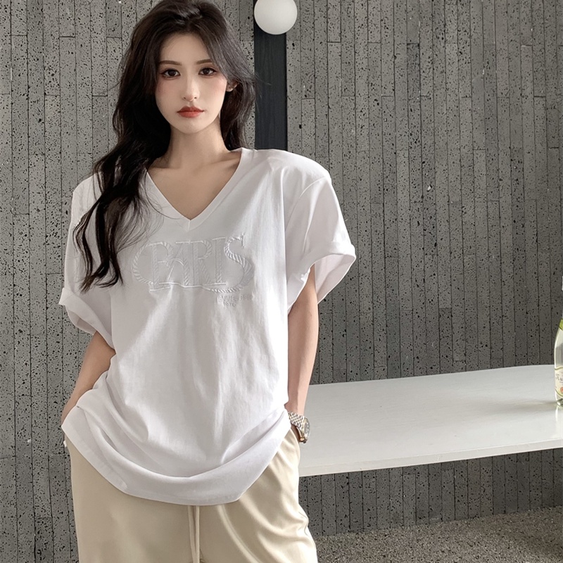 Áo Thun Nữ Ngắn Tay Cổ Chữ V Thêu Hoa Thời Trang