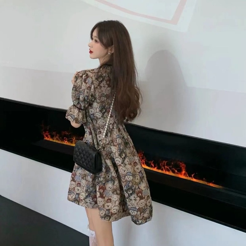 Đầm Tay Phồng In Họa Tiết Gấu Phong Cách Pháp Cổ Điển Thời Trang Mùa Hè Mới Cho Nữ