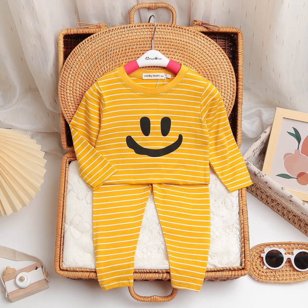 [SALE] Bộ Quần Áo Bé Gái, Bé Trai Minky Mom Vải Cotton Sọc Ngang Mặt Cười, Bộ Dài Tay Cho Bé Mặc Thu Đông MKMTD2173