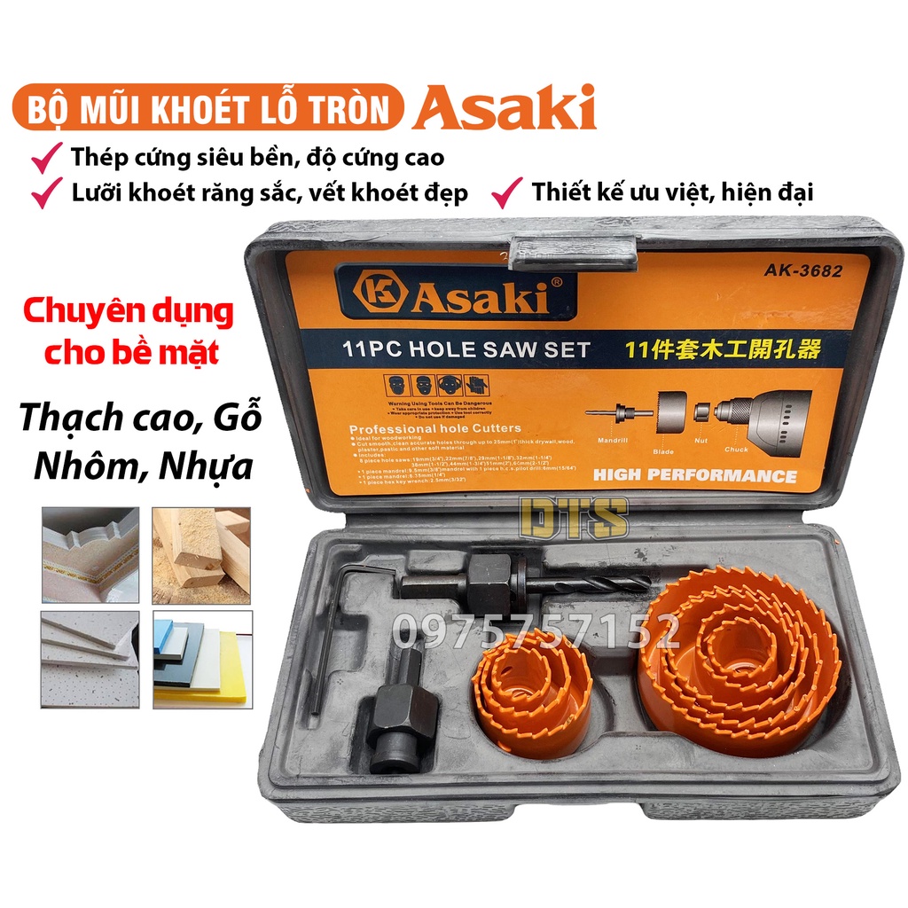 Bộ 8 mũi khoan khoét lỗ tròn thạch cao gỗ hãng Asaki AK-3682, bộ khoét lỗ trần thạch cao, tạo lỗ loa, khoét nhựa hợp kim