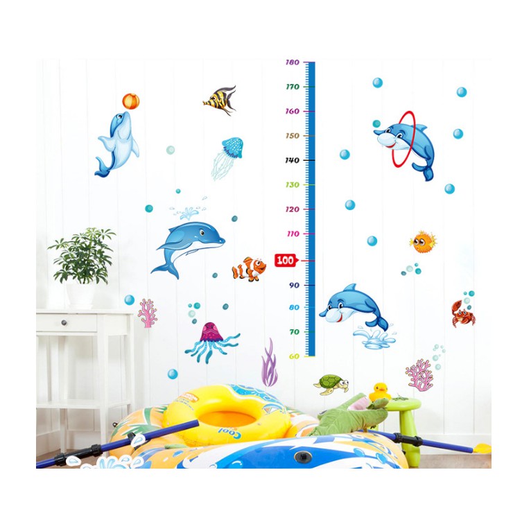 Decal trang trí thước đo cá heo xanh