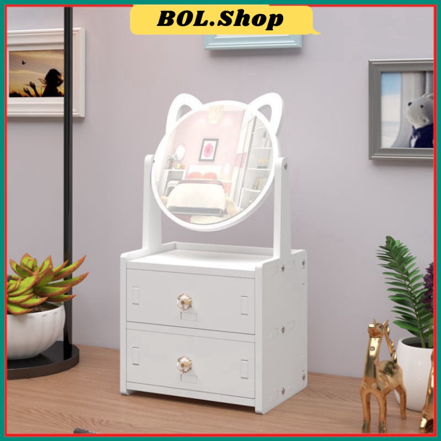 Bàn Trang Điểm Mini 2 Tầng Có Gương Mèo Hello Kitty Bằng Gỗ Nhựa Để Phòng Ngủ - Màu Trắng Nhỏ Gọn Đựng Mỹ Phẩm -MonacoSt