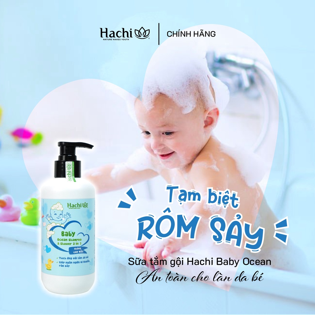 Dầu tắm gội trẻ em Hachi Baby 350ml 2 Trong 1 không cay mắt cho bé 0-6 tuổi màu xanh BABY OCEAN SHAMPOO &amp; SHOWER