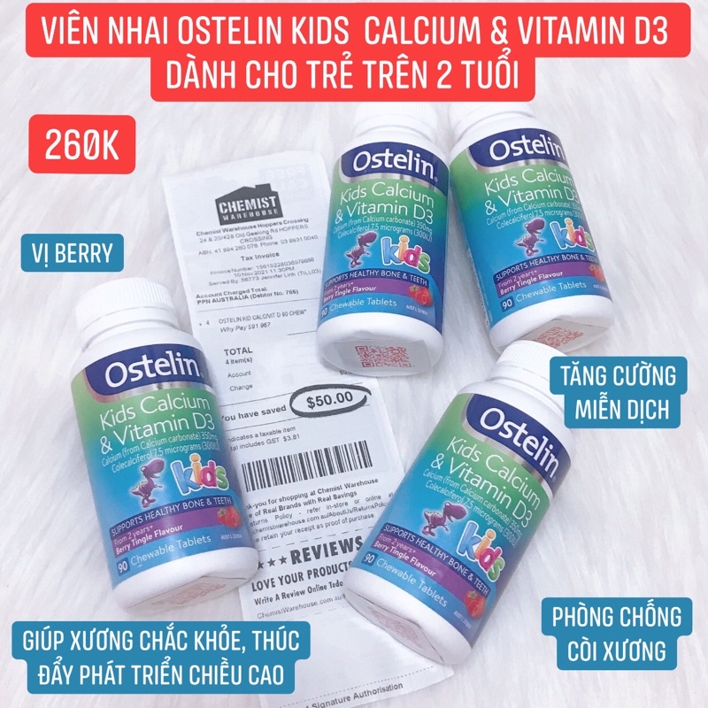 viên nhai bổ sung canxi và vitamin D cho trẻ trên 2 tuổi Ostelin Vitamin D & Calcium Kids 90 viên