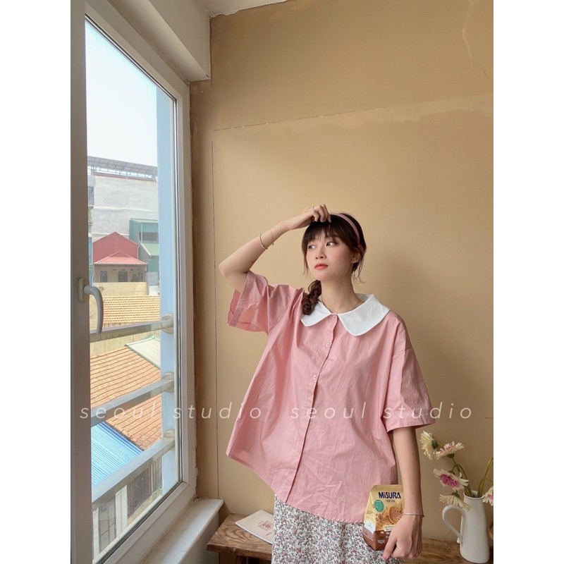 💗Set Đồ Nữ Màu Hồng Pastel Set Áo Sơ Mi Hồng Phối Chân Váy Hoa Nhí