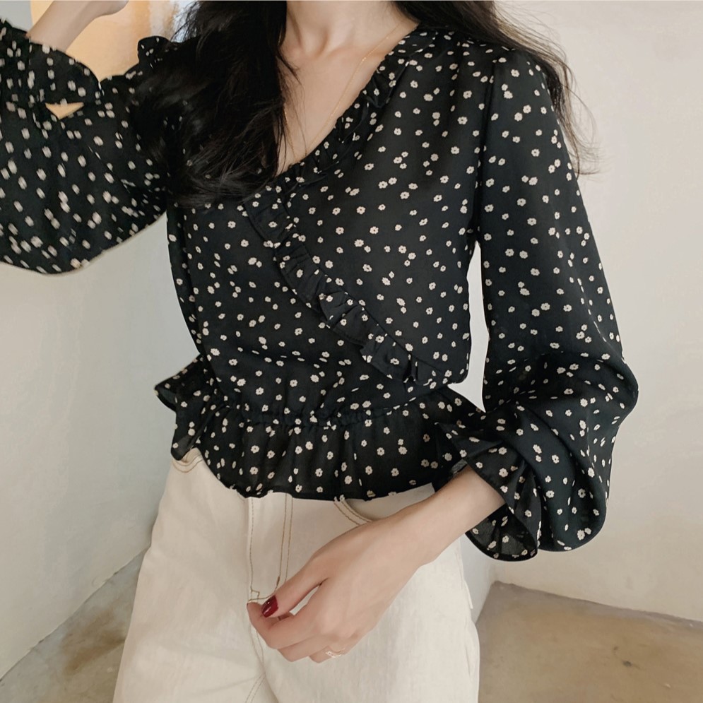 Áo Kiểu Tay Dài Hoạ Tiết Hoa Thiết Kế Cổ Chữ V Nữ Tính 30874