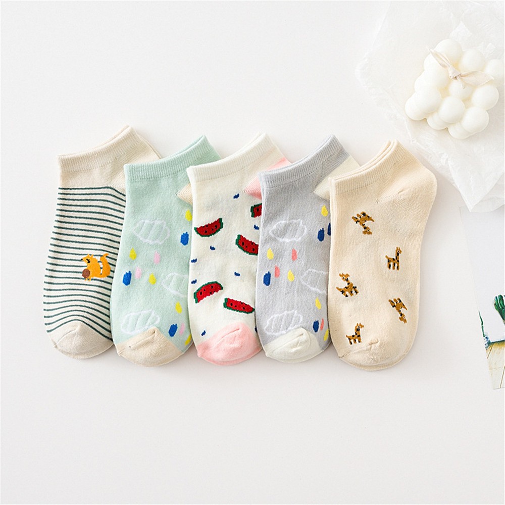 Set 5 đôi tất cotton hoạ tiết trái cây dễ thương thời trang cho nữ